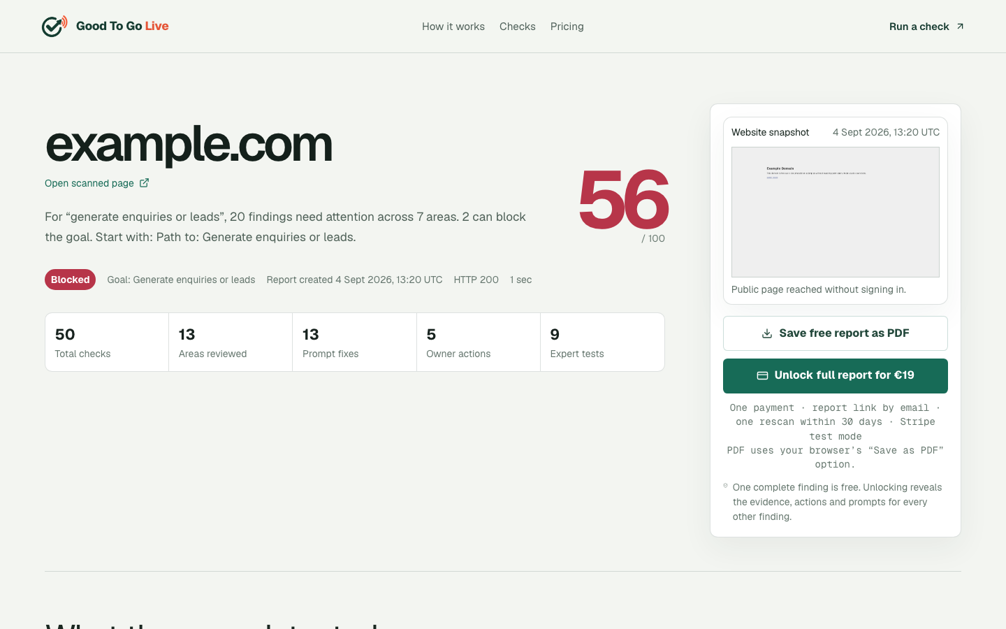 A real Good To Go Live report showing the website snapshot, score, detected areas and report actions.